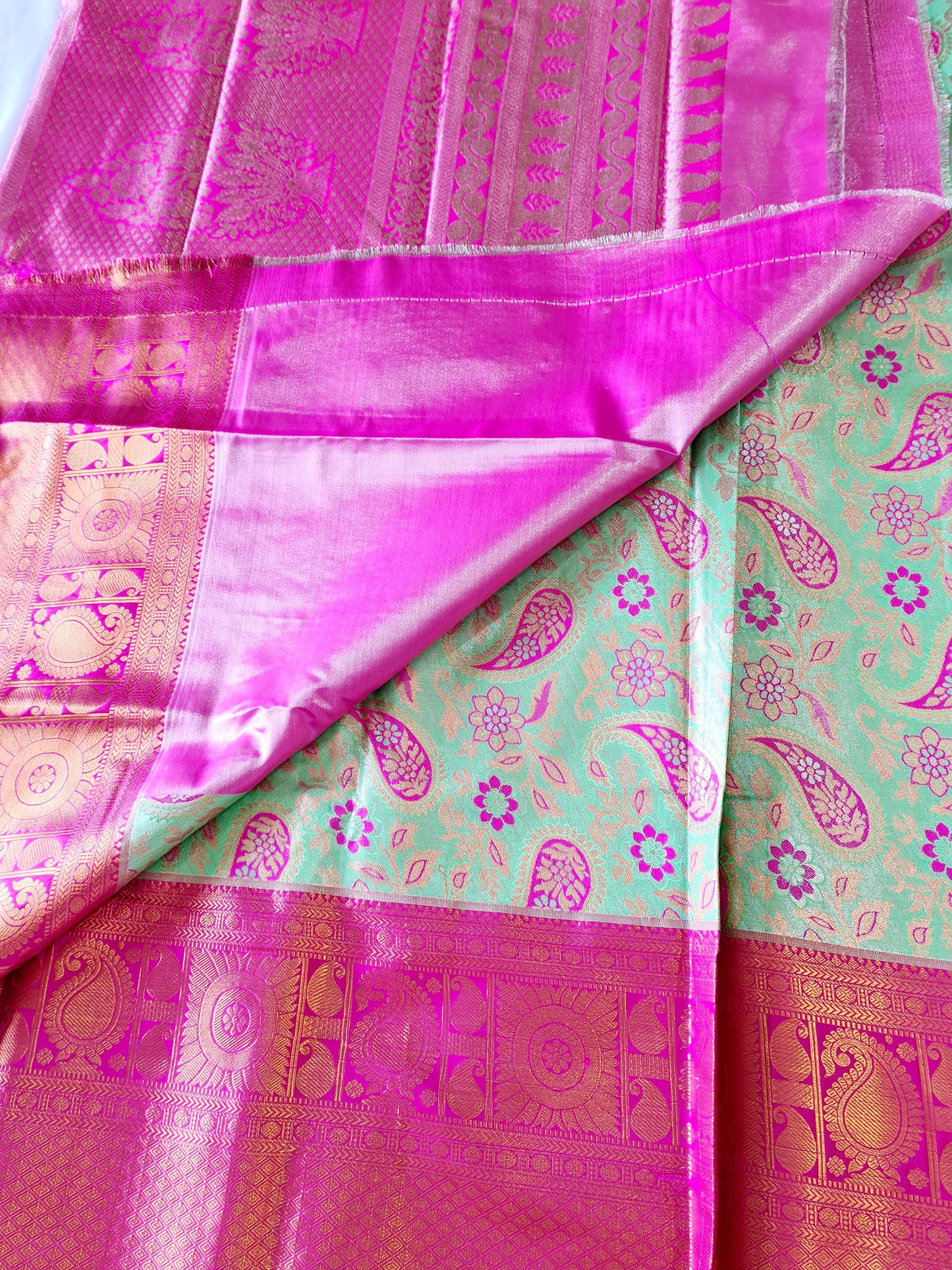 Semi Kanchi Soft silk Green & Pink Mango