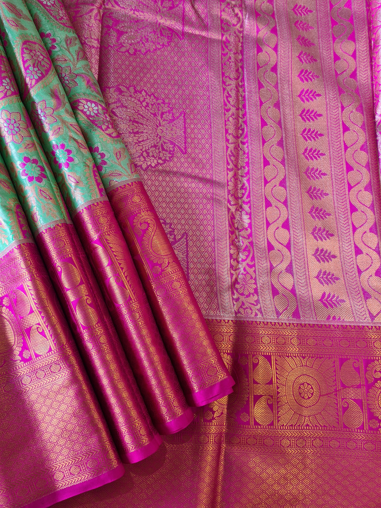 Semi Kanchi Soft silk Green & Pink Mango