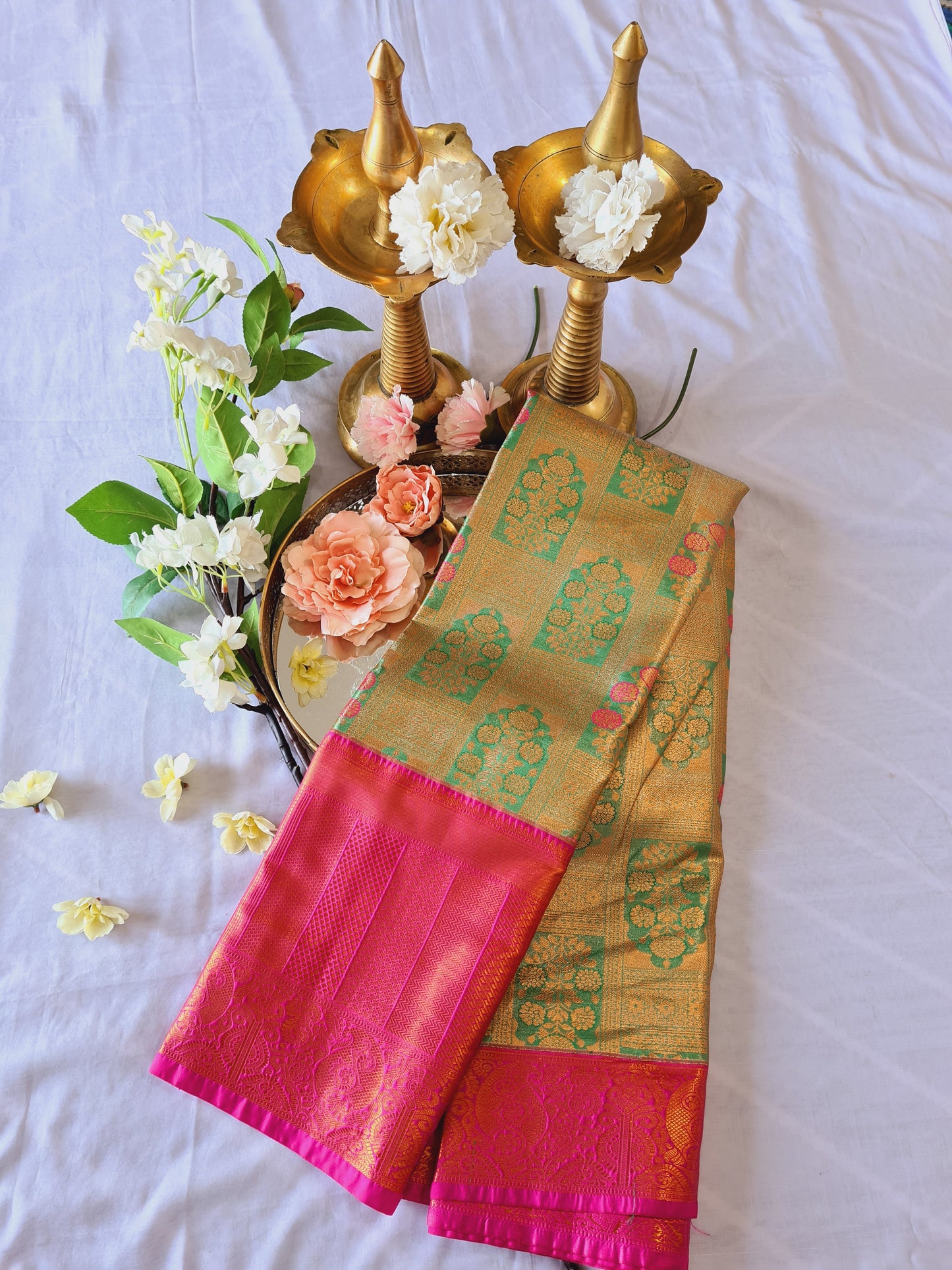 Semi Kanchi Soft silk Green & Pink small floral