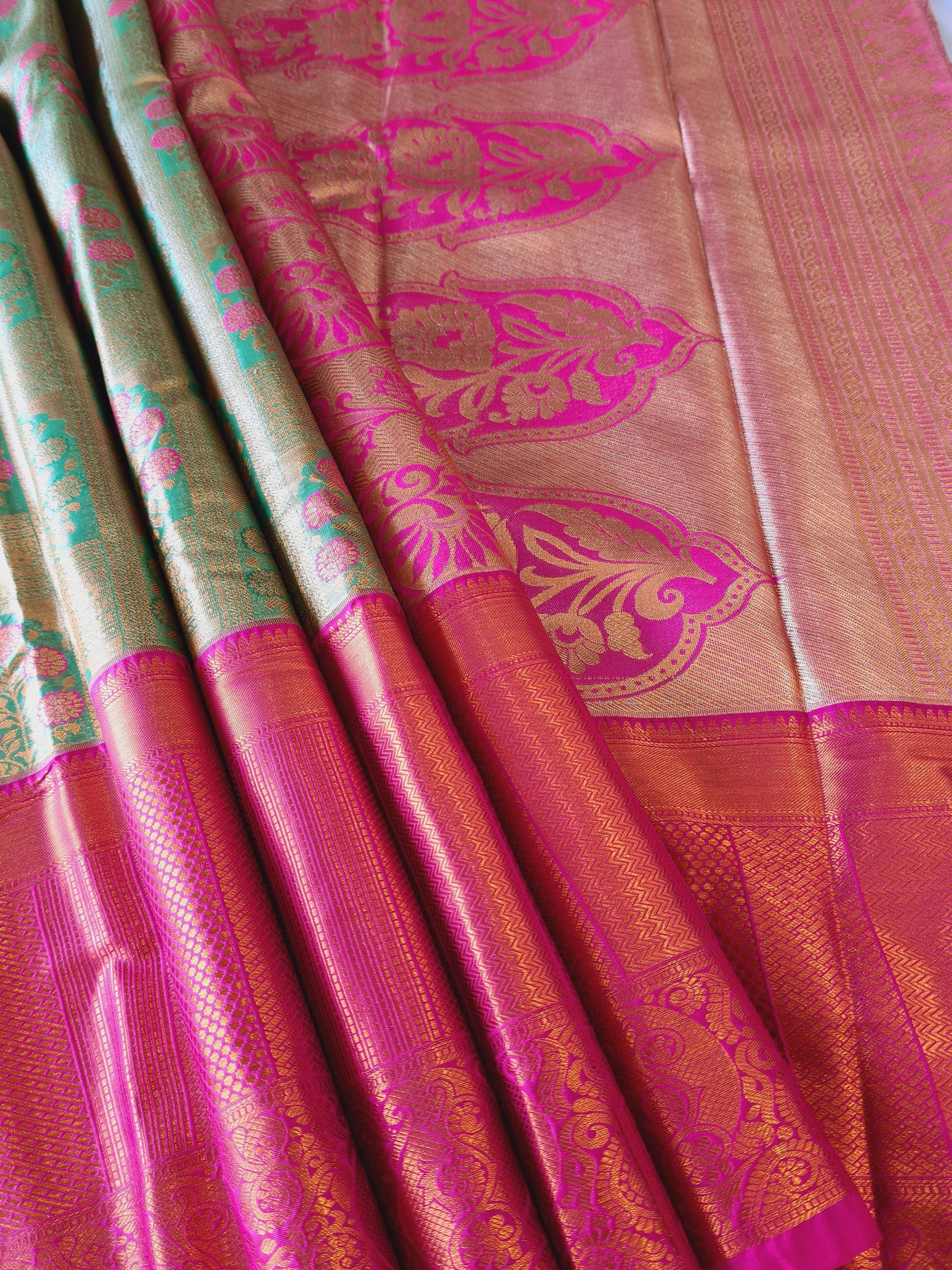 Semi Kanchi Soft silk Green & Pink small floral