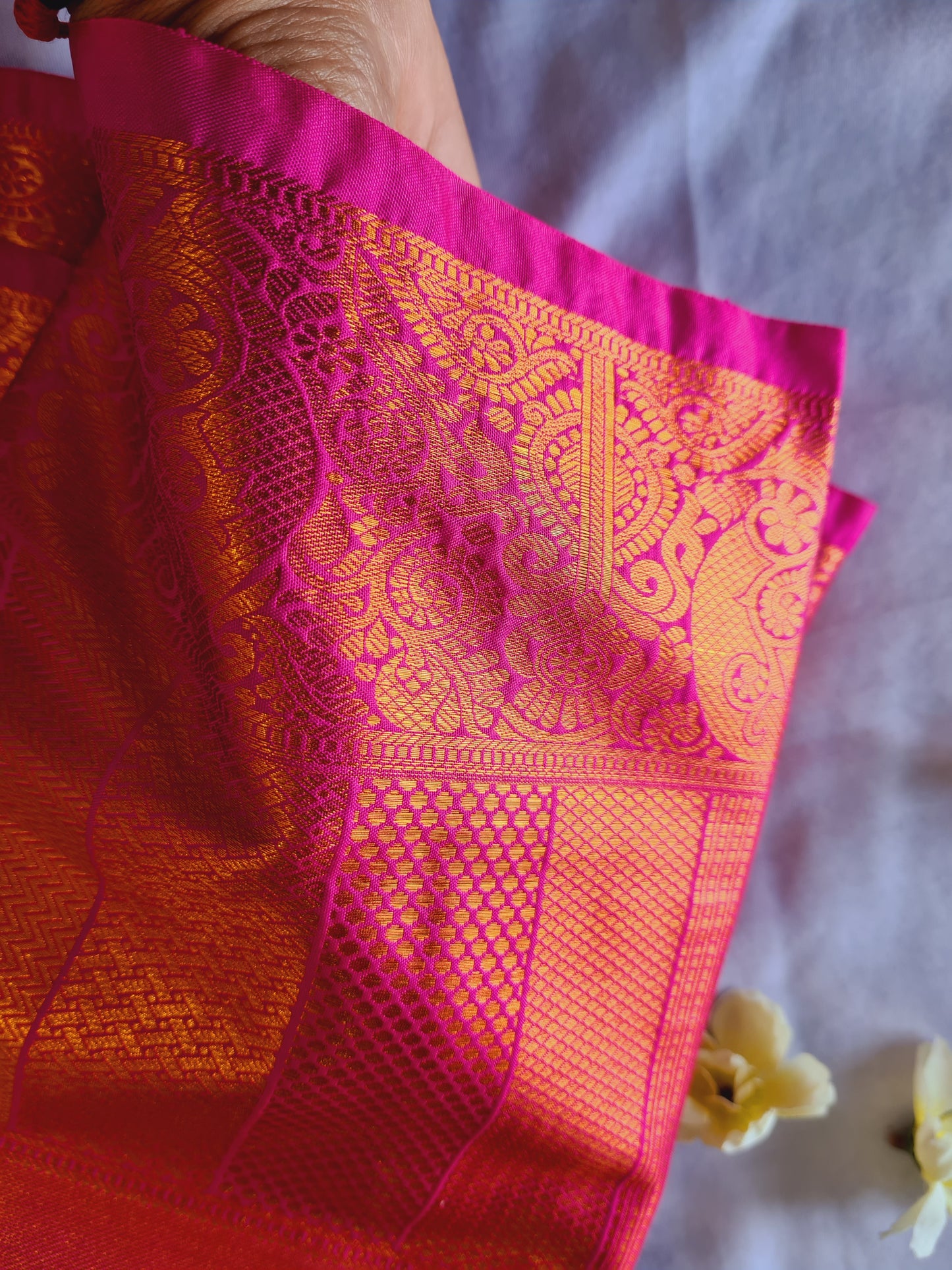 Semi Kanchi Soft silk Green & Pink small floral