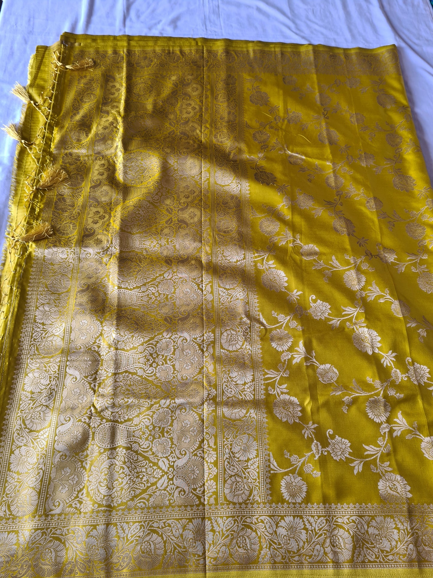 Satin silk with Golden zari on Atomic green