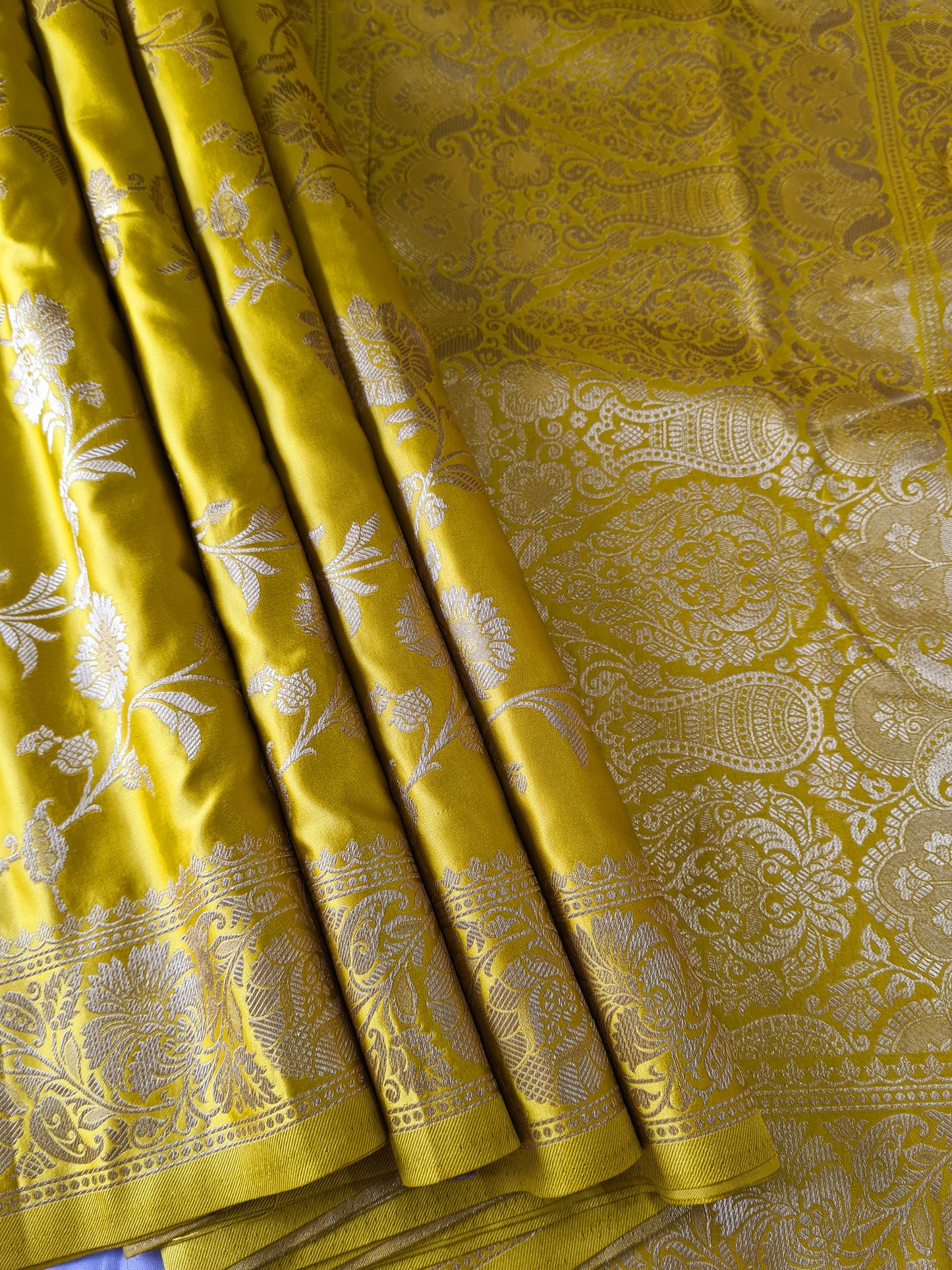 Satin silk with Golden zari on Atomic green
