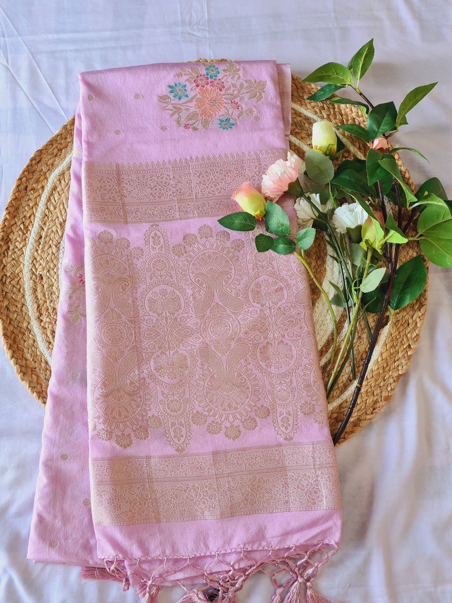 Elegant Tussar Georgette Saree Floral Pink
