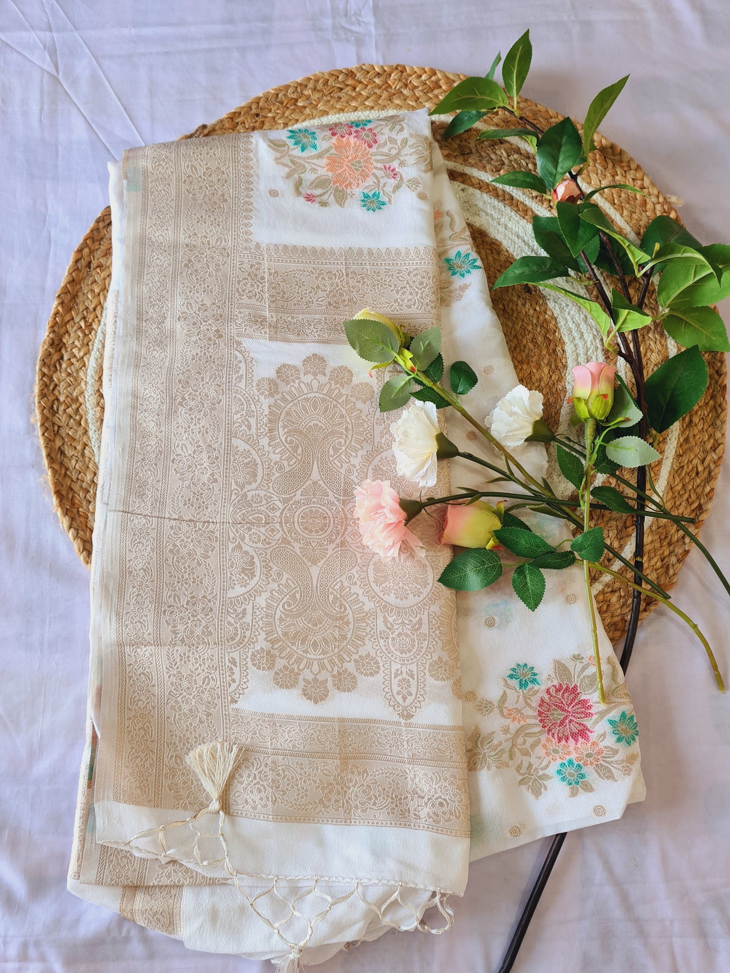 Elegant Tussar Georgette Saree Floral -Off White