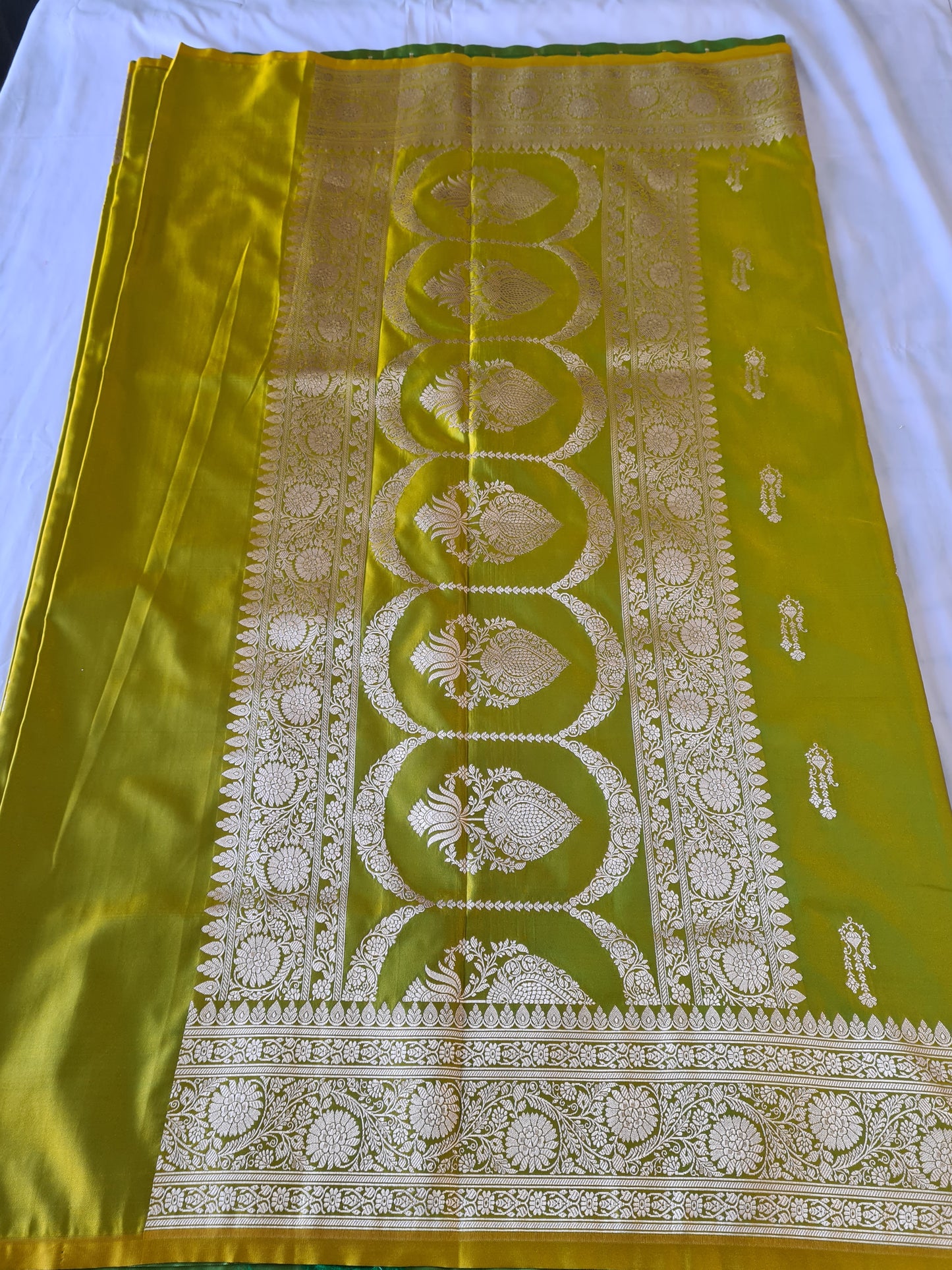 Mango Green Gold Mashru Katan Silk