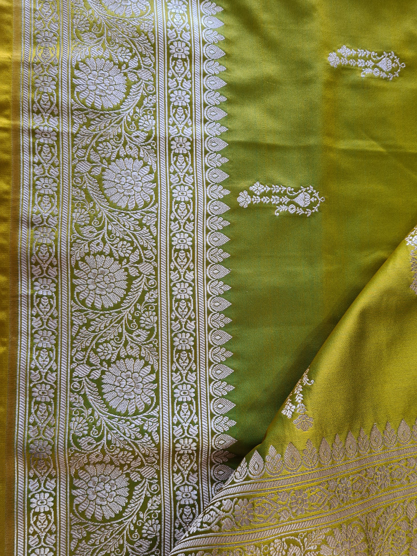 Mango Green Gold Mashru Katan Silk