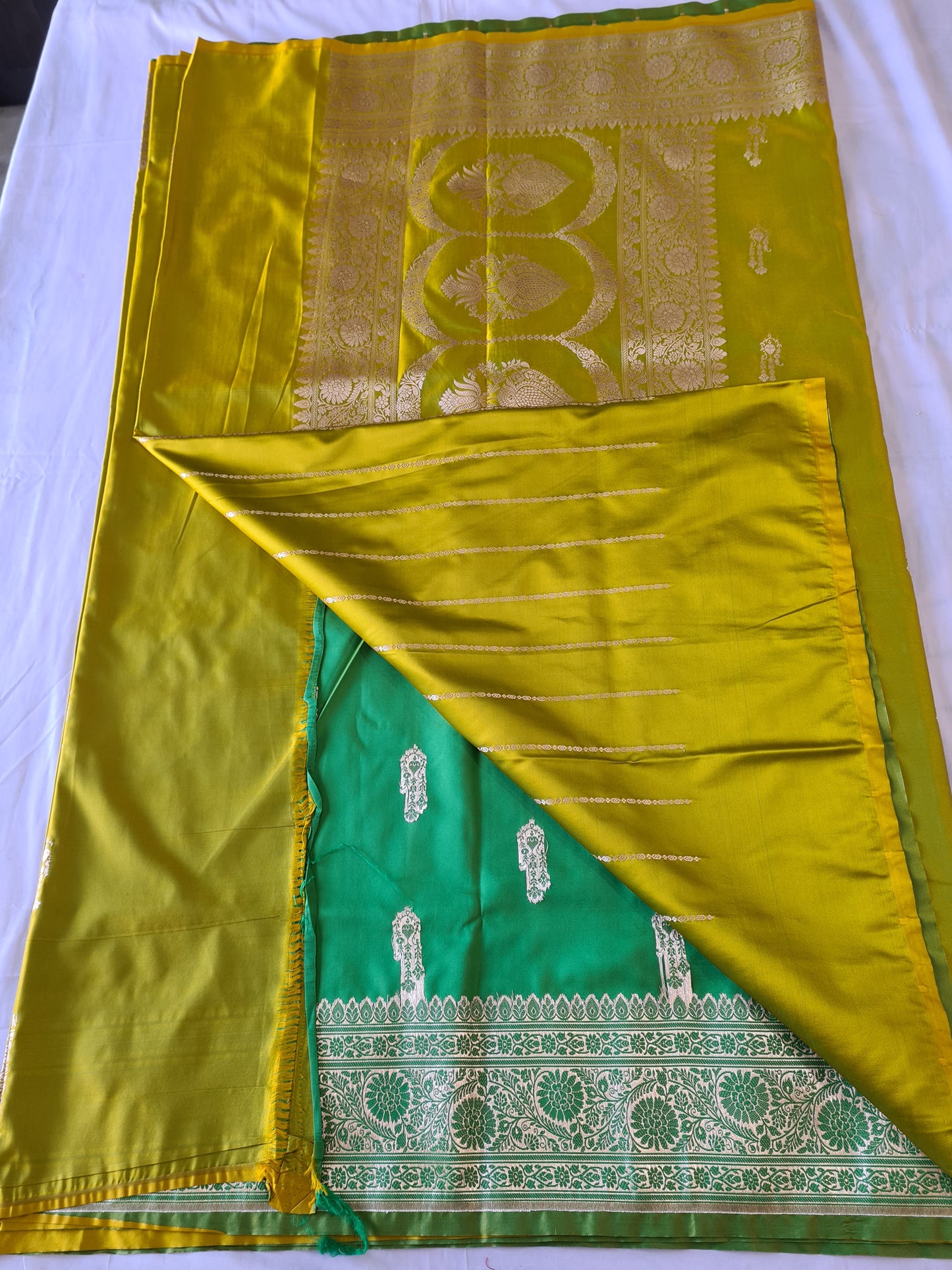 Mango Green Gold Mashru Katan Silk