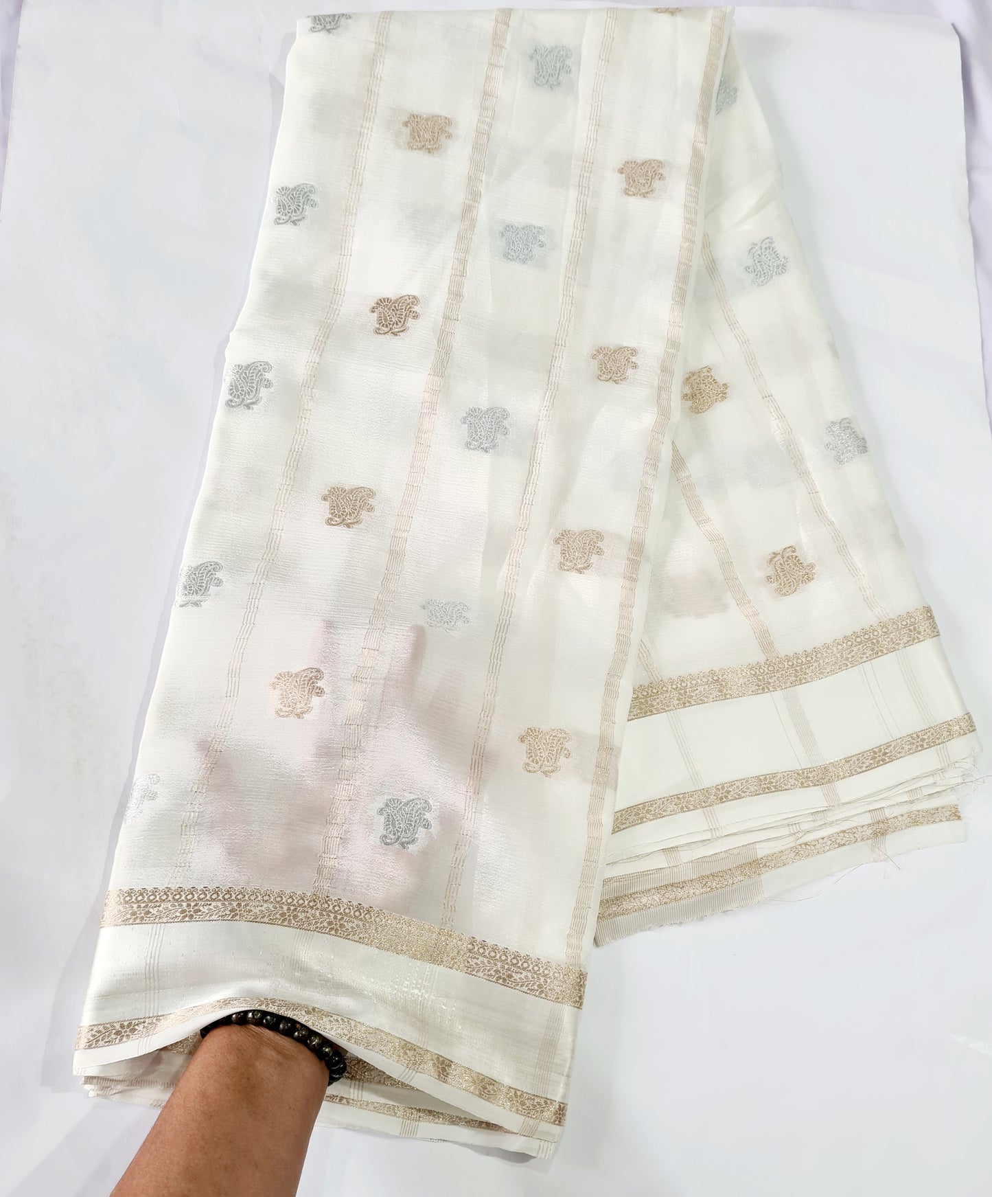 Pure Chiffon White with Golden Buti