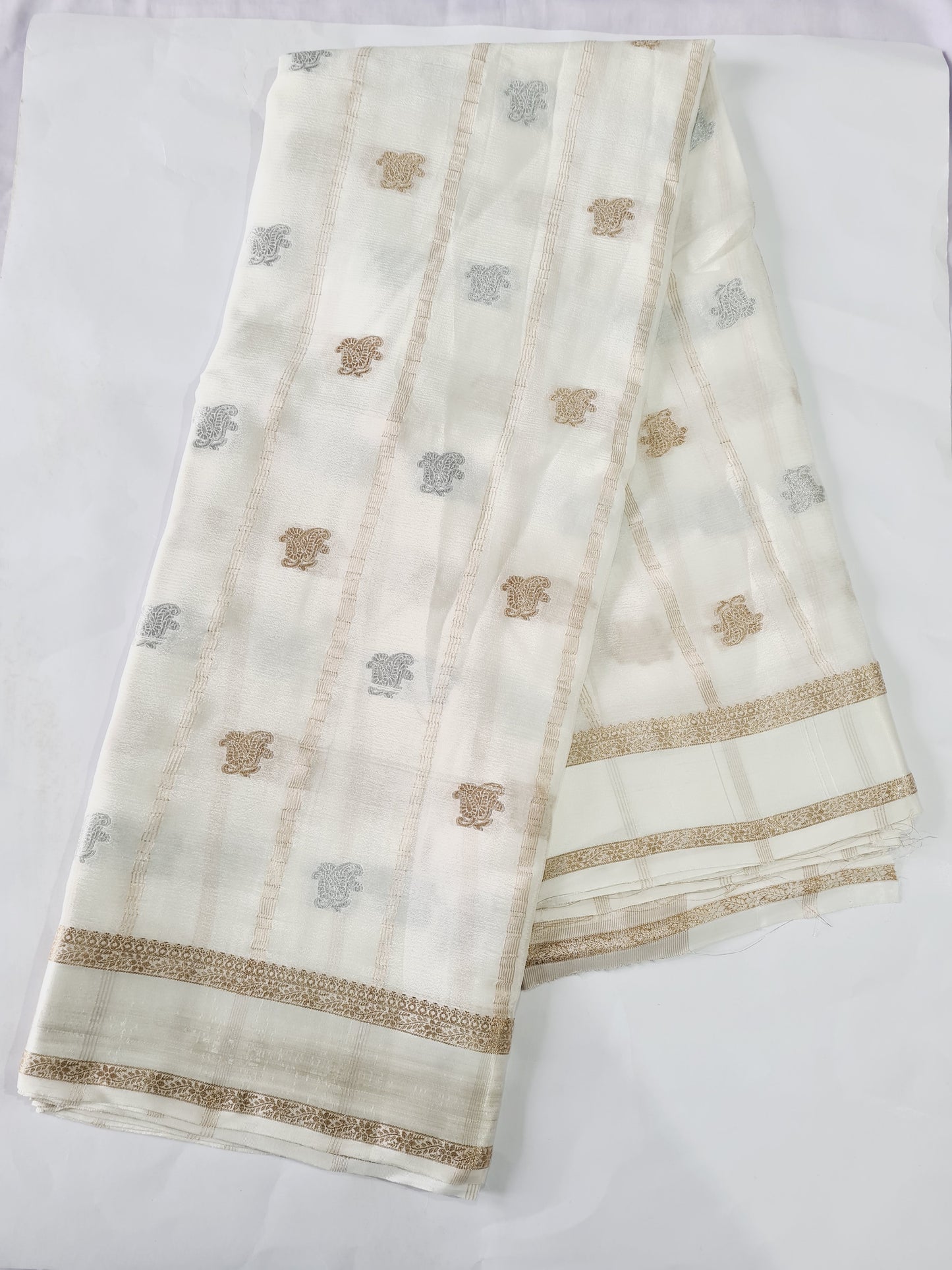 Pure Chiffon White with Golden Buti
