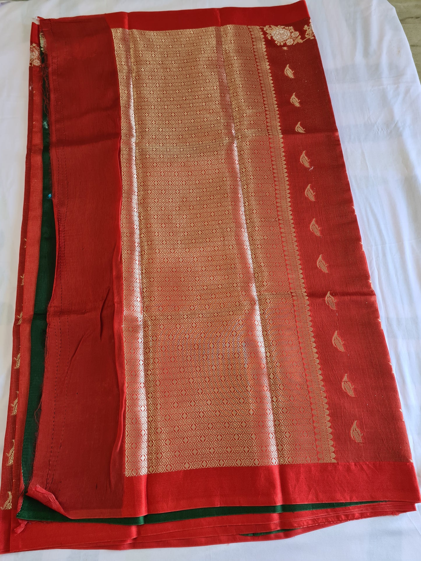 Pure Raw Mango Brick Red Green saree