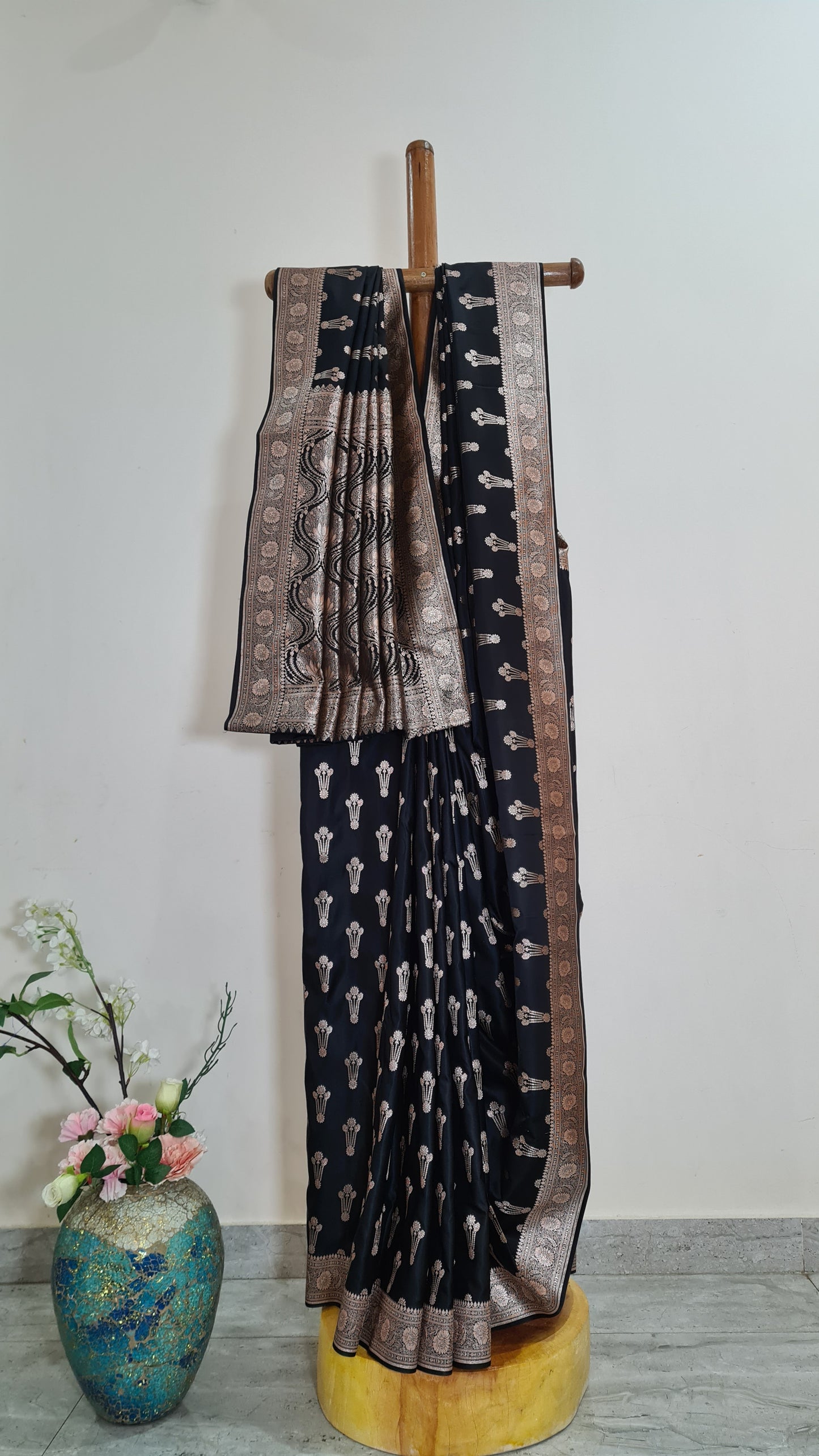 Black Rosegold Jhumka Mashru Katan silk saree