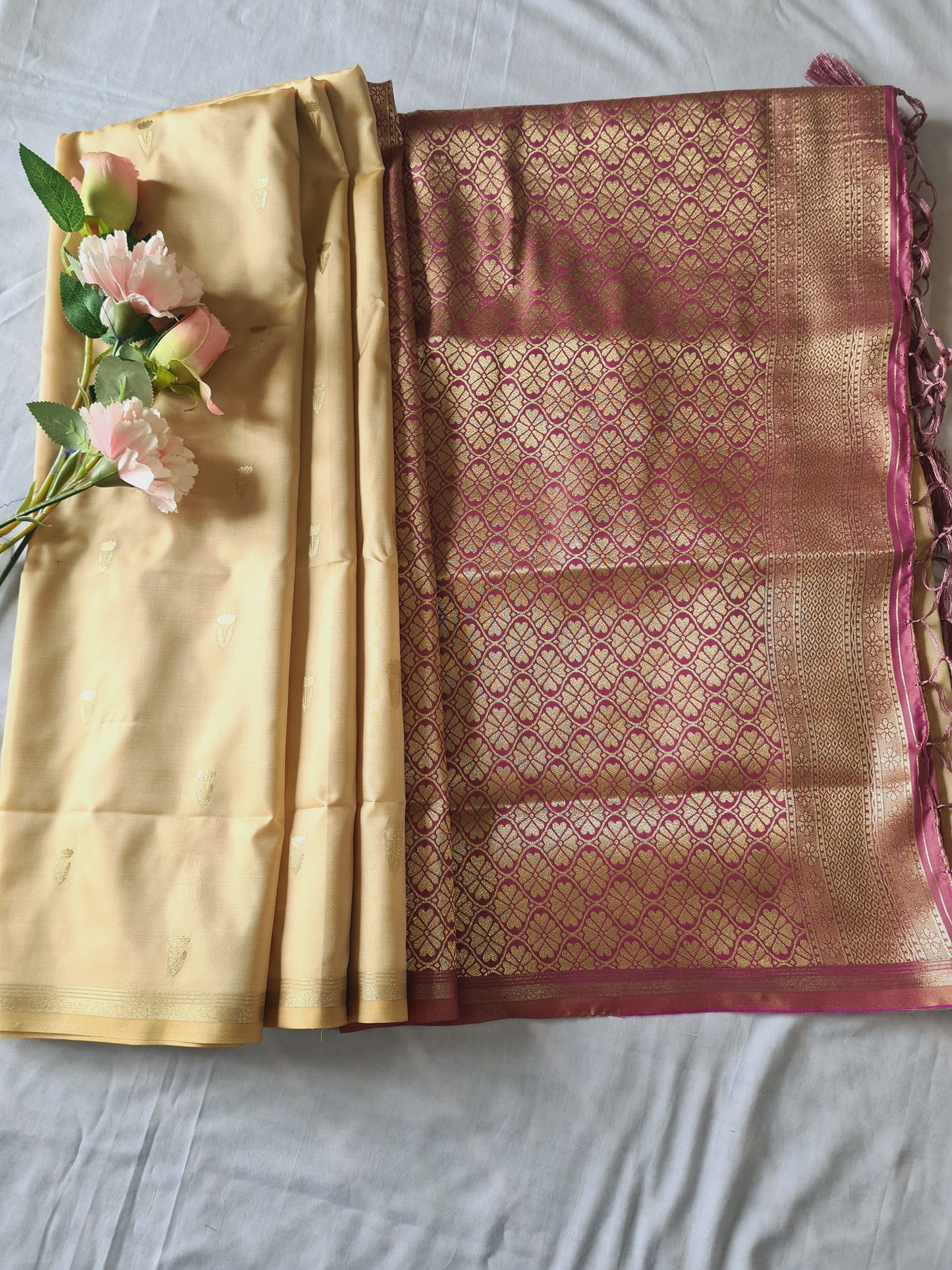 Beige & pink Semi Kanchi silk