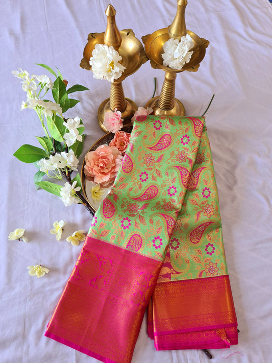 Semi Kanchi Soft silk Green & Pink Mango