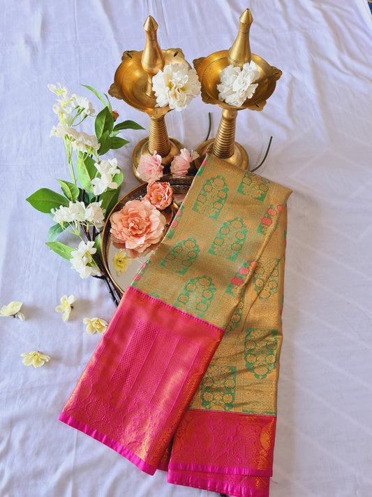 Semi Kanchi Soft silk Green & Pink small floral