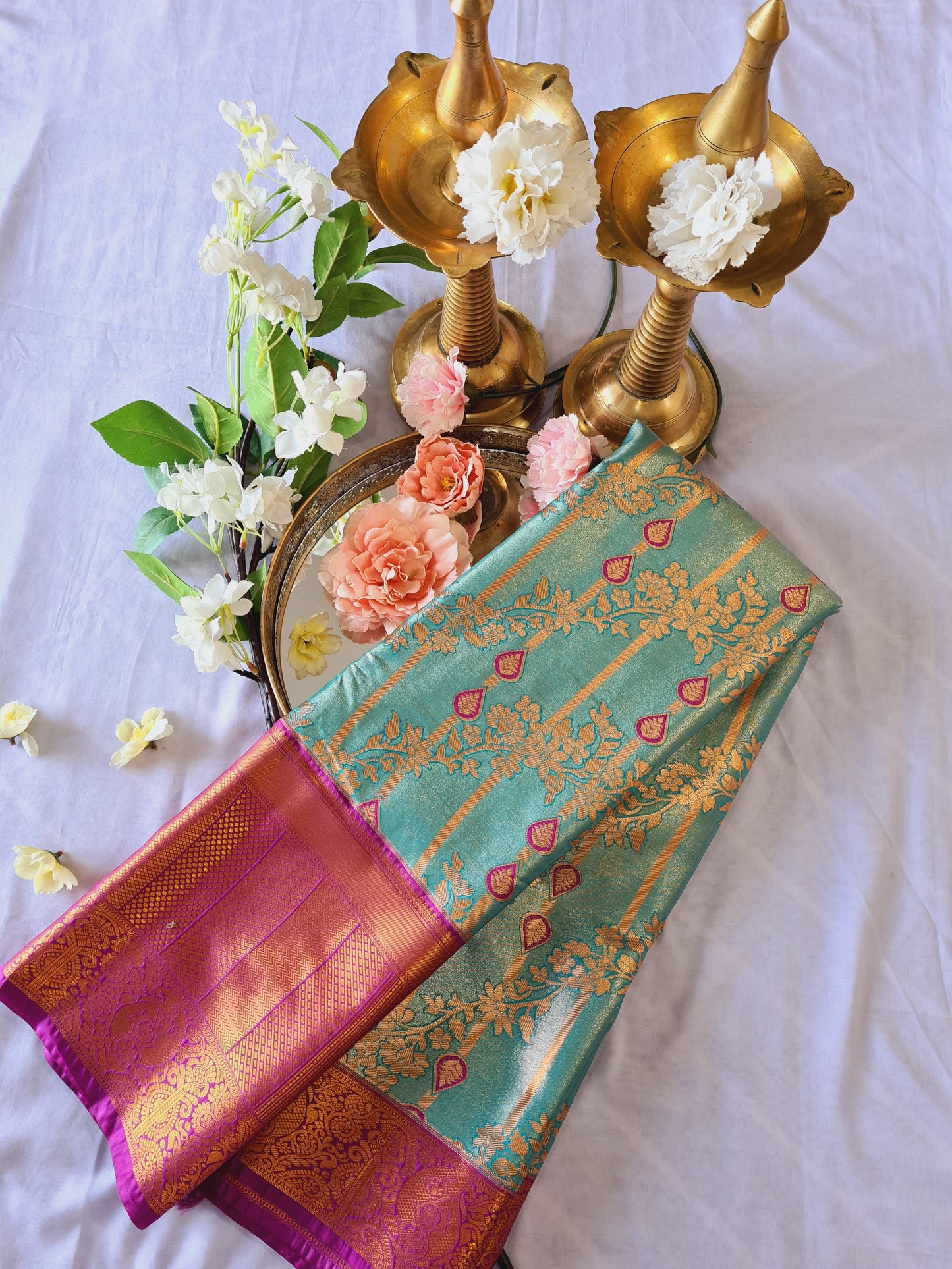 Semi Kanchi Soft silk Green & Pink creeper saree