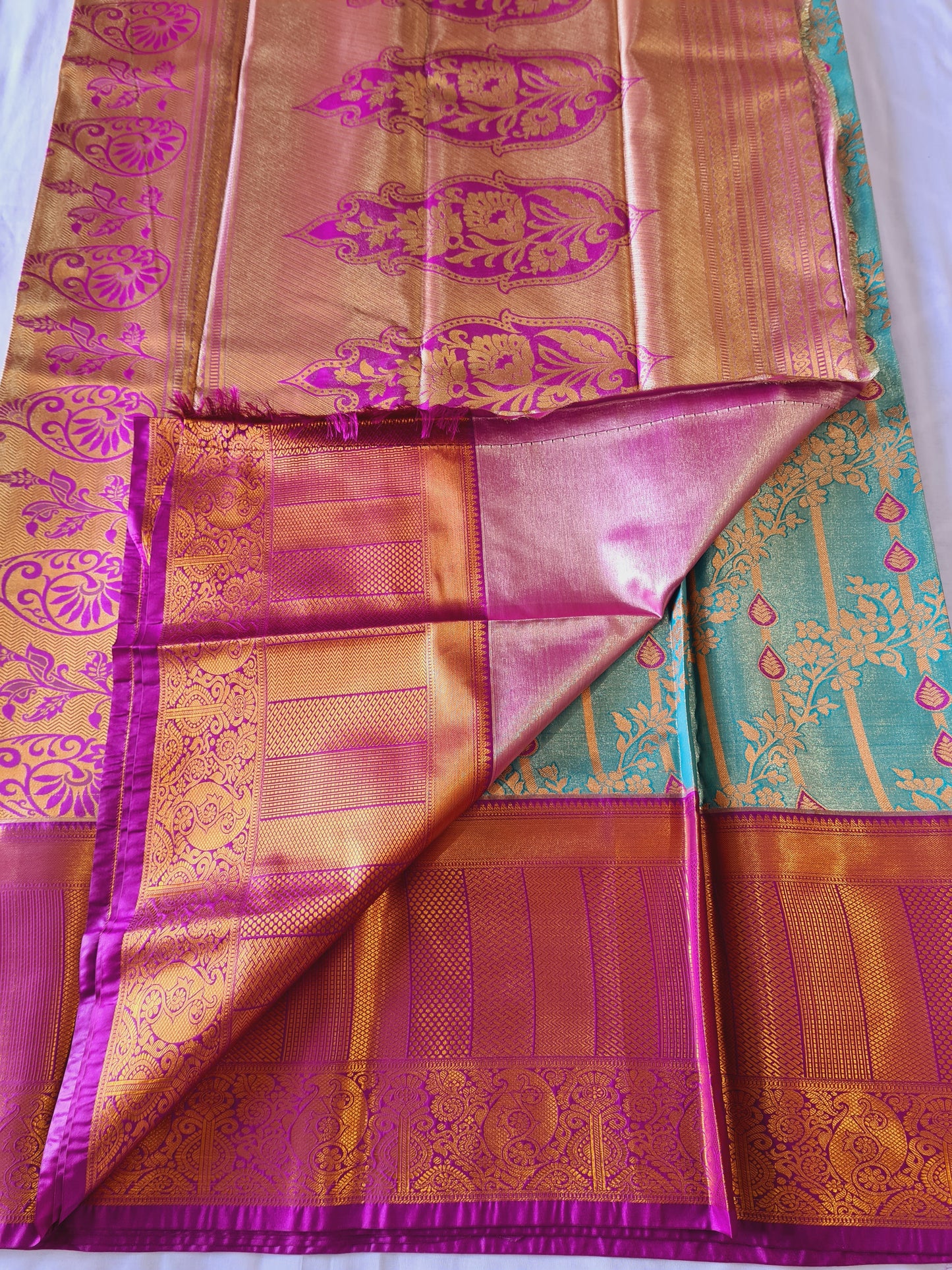 Semi Kanchi Soft silk Green & Pink creeper saree