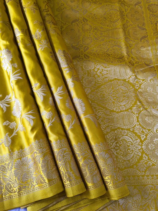 Satin silk with Golden zari on Atomic green