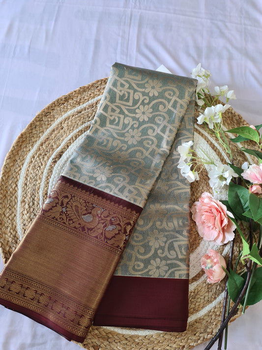 Semi Kanchi Grey & Maroon silk saree