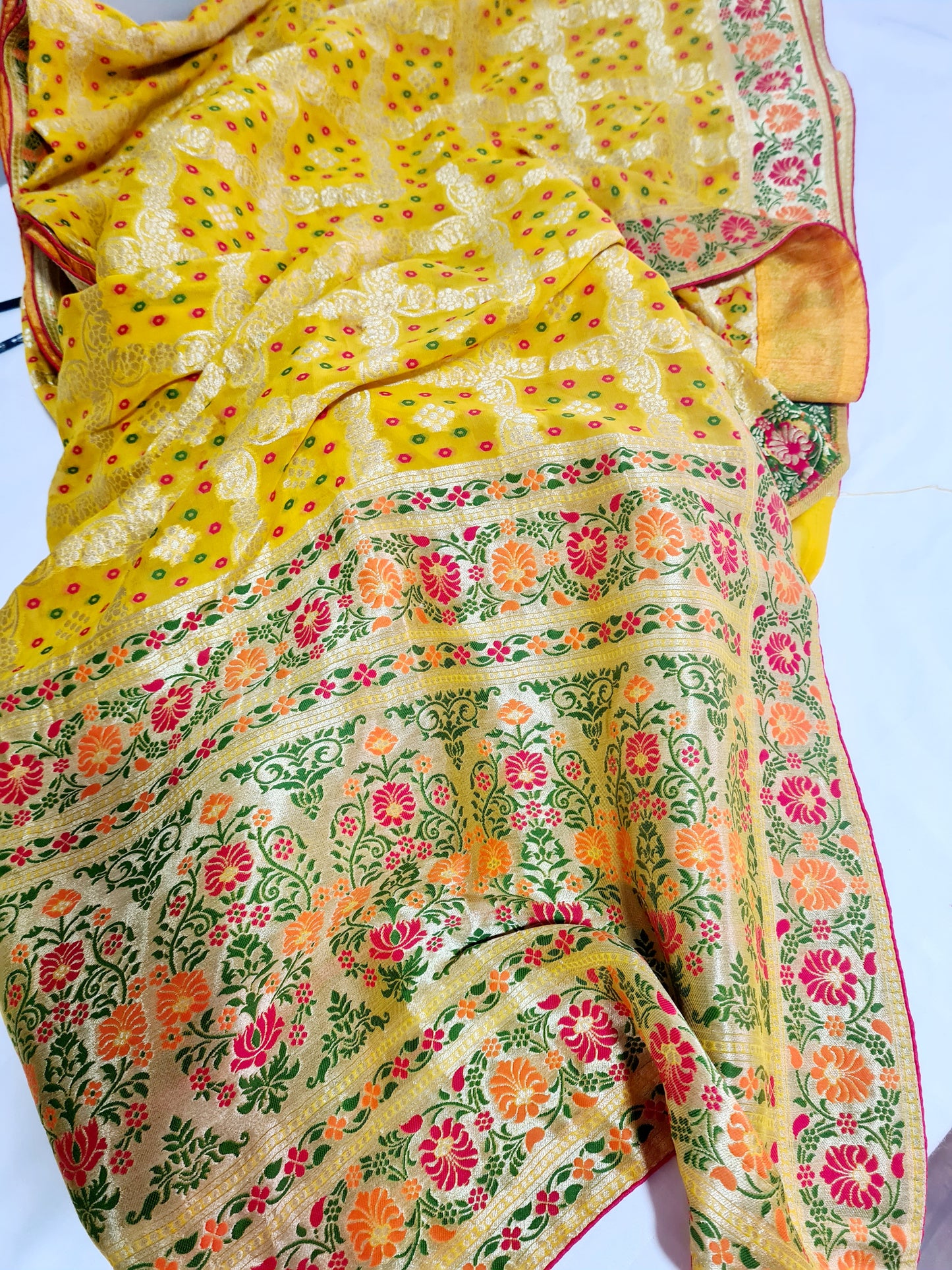 Yellow Pure Chiffon Banarasi Saree