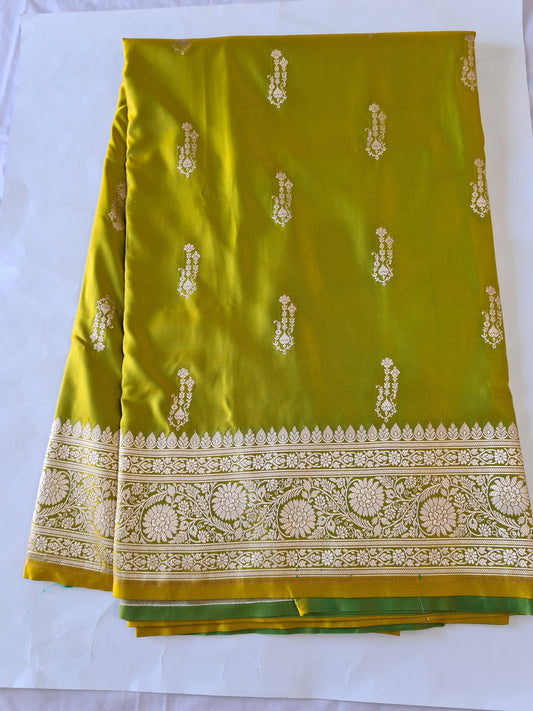 Mango Green Gold Mashru Katan Silk