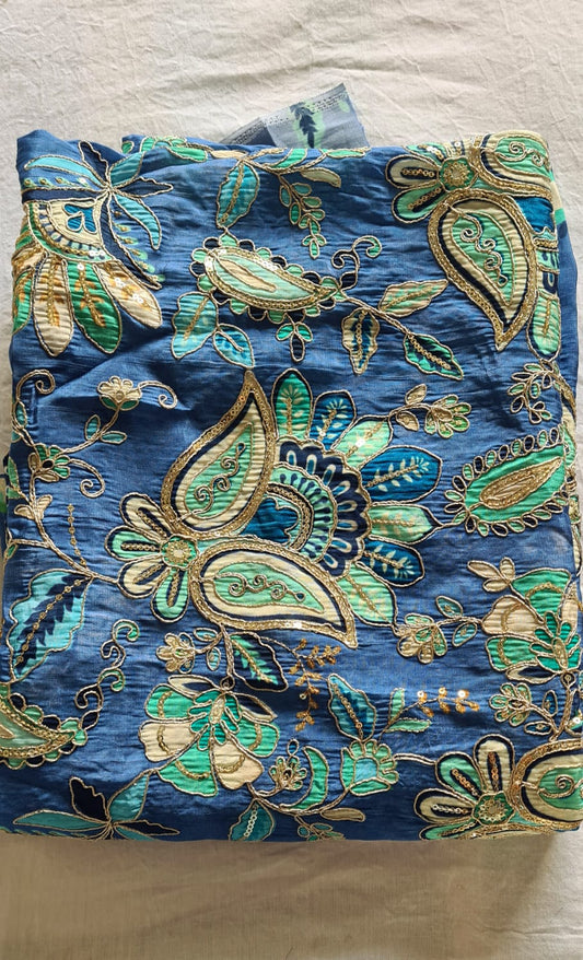 Pure Crape Pen Kalamkari Blouse piece Blue