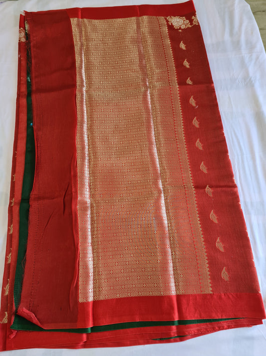 Pure Raw Mango Brick Red Green saree
