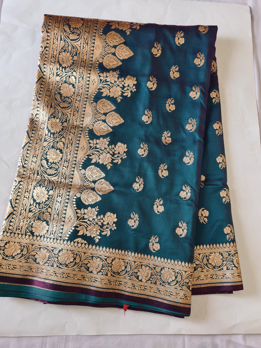 Teal Blue Mashru Katan silk saree