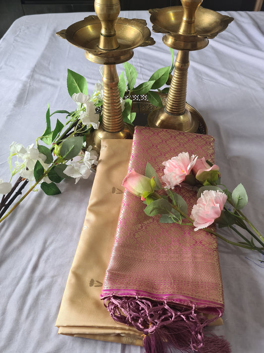 Beige & pink Semi Kanchi silk