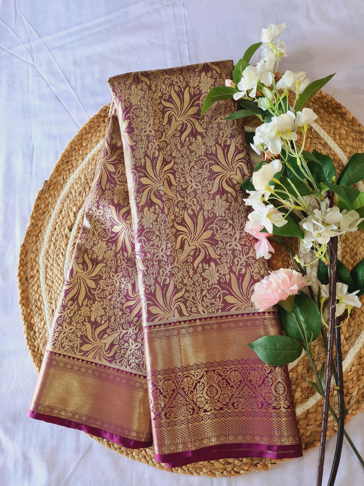 Semi Kanchi Wine Gold Saree