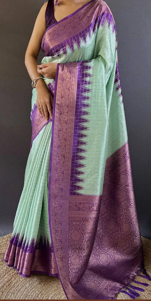 Mint Green & Blue Semi Silk