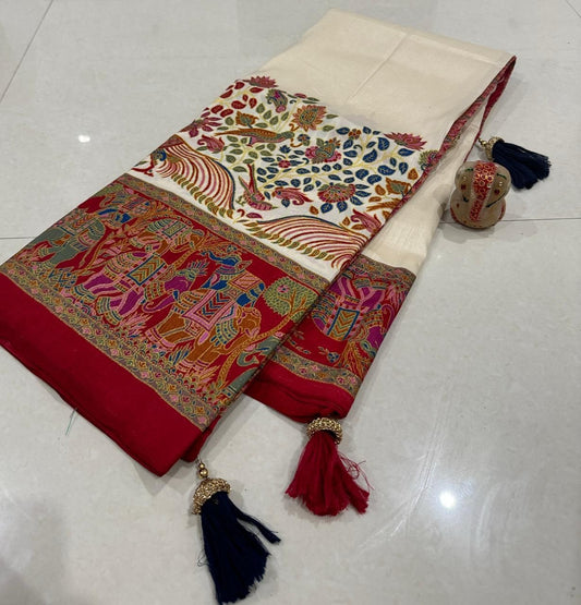 Cream & Red Gajji Silk Saree
