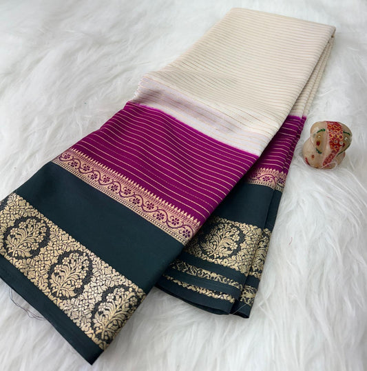 3D white premium semi crape silk saree